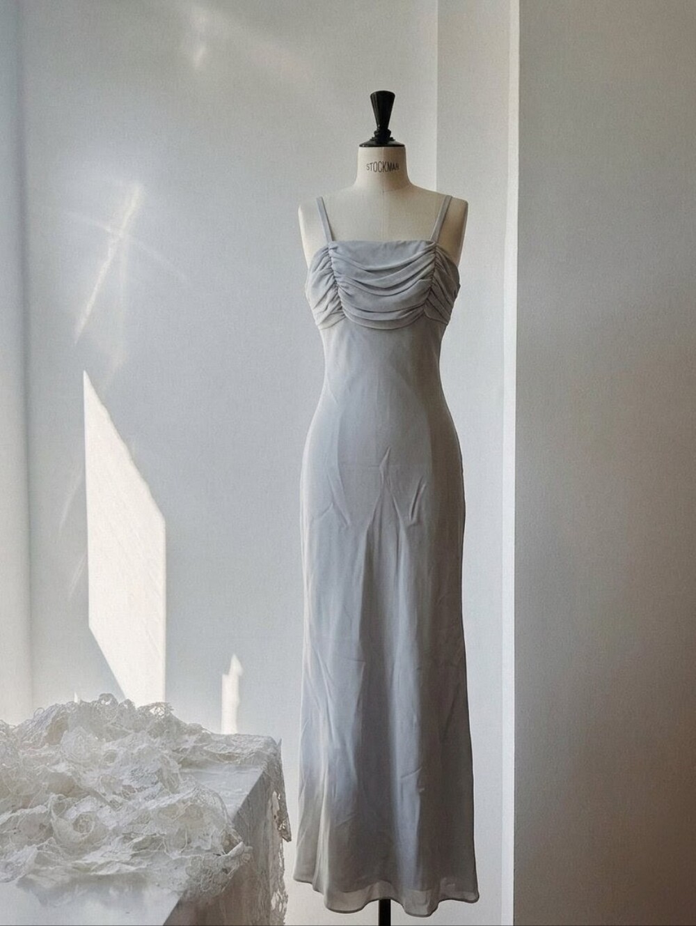 Stunning Vintage Donna Vincci Light Gray Ruched Bodice Evening Dress